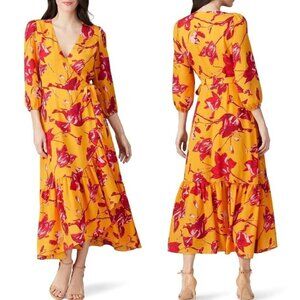 Color Me Courtney Dress Womens Small Yellow Red‎ Floral Print Eleanor Wrap Midi